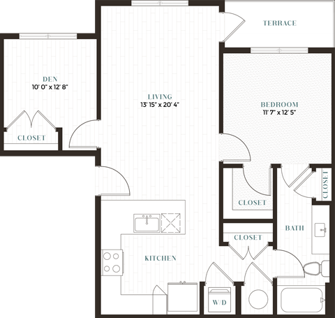 Floor plan for 1 bed, 1 bath, 869 sqft